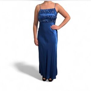 Y2K Blue Satin Maxi dress With Embroidery Detail
